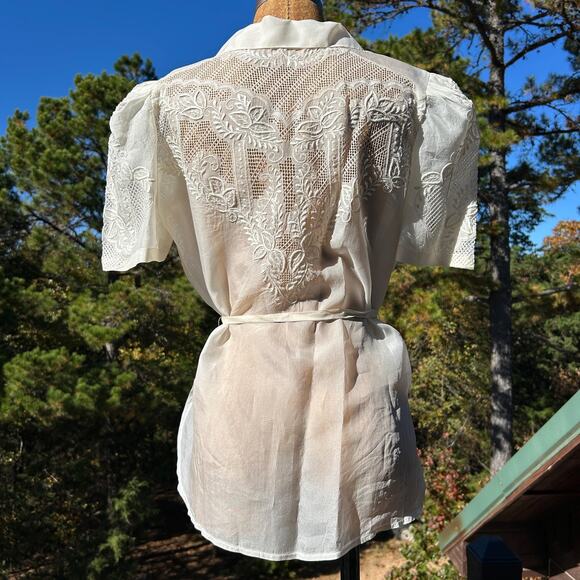 Vintage 70s Ivory Sheer Organza Puff Sleeve Cut Out Coquette Sash Waist Blouse - Picture 7 of 7